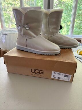 UGG Bailey I do! Pearl Shimmer Short Sheepskin Boot with Crystal Button Accent